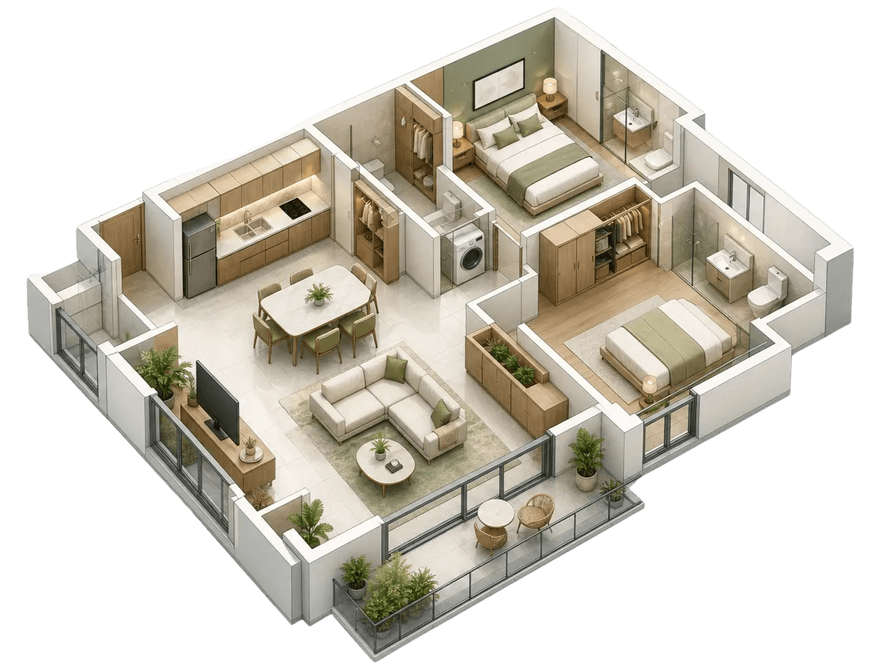 Minh hoạ mặt bằng căn hộ phối cảnh isometric với đường kỹ thuật kiến trúc